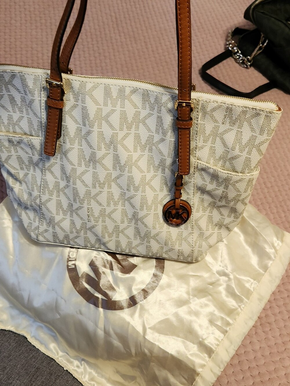 Michael Kors White and Brown Logo Tote with Leather Trim